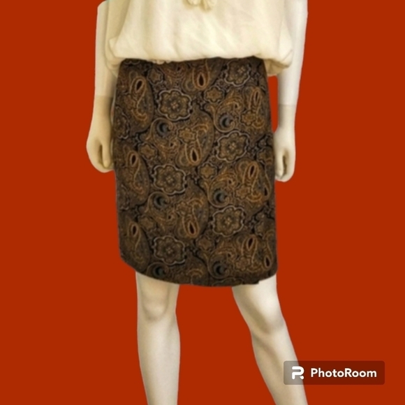 Vtg TALBOTS 1990s Navy Brown Paisley Preppy Wrap Mini Skirt - Picture 1 of 9
